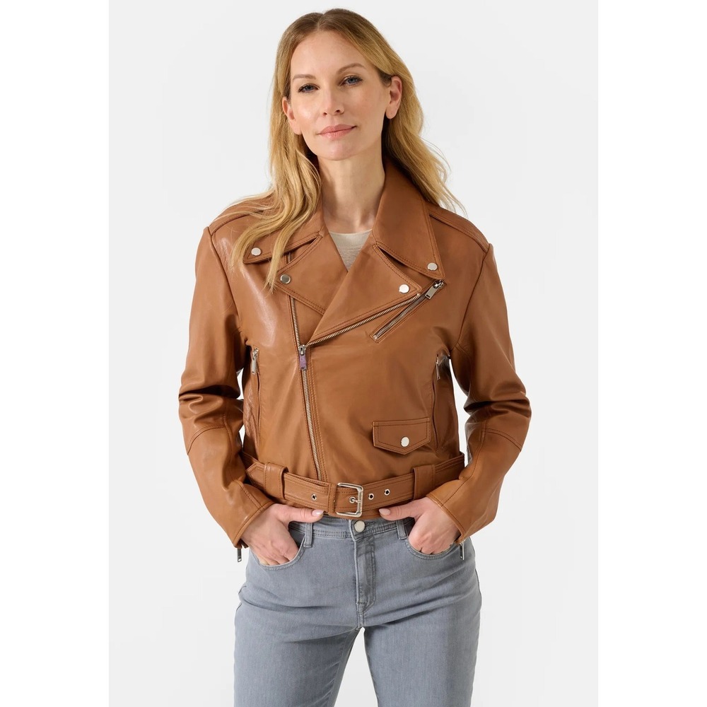 Women's Love Tree‎ Faux Leather Moto Jacket Camel Belted Biker Minimalist S New